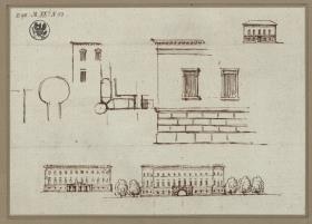 Entwurf für einen Palast mit Ecktürmen und ein Landhaus. Aufrisse, Details, Grundrissausschnitt.