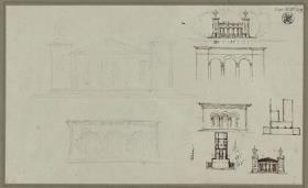 Berlin. Neue Wache. Gegenüberstellung von Rundbogenhalle und Pfeilerhalle. Aufriss und Grundrisse.