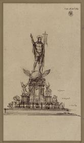 Berlin. Entwurf zu einem Dom als Denkmal für die Befreiungskriege (Befreiungsdom). Standbild für die Mitte des Domes. Christus mit der Fahne über der Welt und Piedestal mit den vier Erzengeln, Evangelisten und zwölf Aposteln