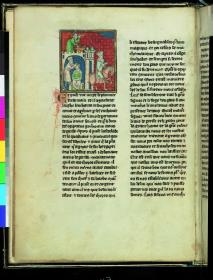 Alexander-Roman. Nectanebus befragt mit einem Fernrohr die Sterne über den Ausgang der Schlacht, lässt sich scheren und reitet bartlos, fliehend, zum Tor seines Palastes hinaus