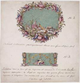 Dosen - Deckel und Seitenteil. Auf Chrysoprasgrünem Grund Najade und Triton in Farben, in einer Umrandung aus farbigem Muschel - und Pflanzenwerk. - Das Seitenteil zeigt goldnes Ornament und Muschelwerk zwischen zwei Tritonshermen