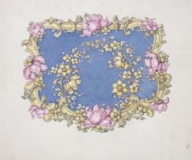 Tabatierenentwurf. Die gleiche Umrandung wie vorher umgibt ein türkisblaues Feld mit aufgelegten goldenen Blumenzweigen