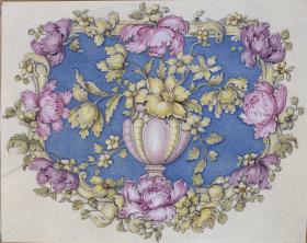 Tabatierenentwurf. Auf türkisblauem Grund eine Blumenvase in Goldgelb und Rosa. Die in den gleichen Tönen ausgeführte Umrandung gleicht der äußeren des Vorigen