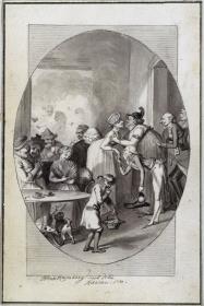 Illustration: Humoristische Gesellschaftszene, in ovaler Rahmung