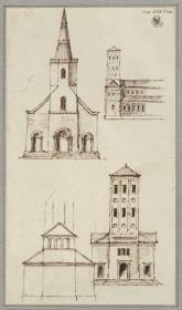 Zwei Entwürfe zur Westansicht einer Basilika & West- und Seitenansicht einer Basilika mit achteckigem Fassadenturm
