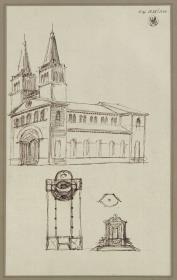 Skizze zu einer Basilika mit westlicher Turmfront und Chorriegel. Ansicht, Grundriss und Details