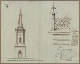 Brietzig bei Pyritz (Brzesko, Województwo Małopolskie). Turm der Kirche. Ansicht und Grundriss