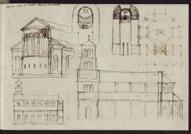 Entwurf zu einer dreischiffigen Kirche im Stil der Romanik mit und ohne Umgangschor. Seitenansicht, Choransicht und Grundriss & Nicht zugehörige Notizen / Berlin. Dom als Denkmal für die Befreiungskriege (?)