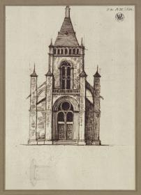 Entwurf zu einer Kirche mit Frontturm und Strebepfeilern. Hauptansicht & Entwurf zu einem Leuchter (?) / Entwurf zu einer Pagode (?)