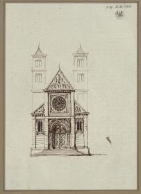 Skizze zu einer Basilika. Westansicht mit zwei Türmen und Fensterrose