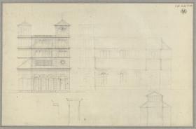 Heilsberg (Lidzbark Warmiński), ehem. Regierungsbezirk Königsberg (Województwo Warmiński-Mazurskie). Skizze zur evangelischen Kirche. Westansicht, Querschnitt und Details