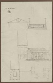 Offener Säulenbau. Ansicht, Grundriss und Details & Sarkophag und Kandelaber (zum Luisenmausoleum ?)