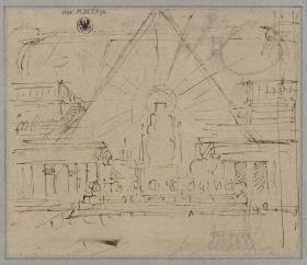 Die Zauberflöte. Oper von Wolfgang Amadeus Mozart. Vorstudie zum  Entwurf zur 12. Dekoration. Der Sonnentempel des Sarastro. Götterbild mit Aura, dahinter eine Pyramide
