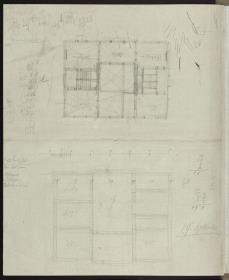 Berlin, Charlottenburg. Grundrissstudien zum Landhaus des Seidenfabrikanten George Abraham Gabain & Notizen & Zahlenkolonnen
