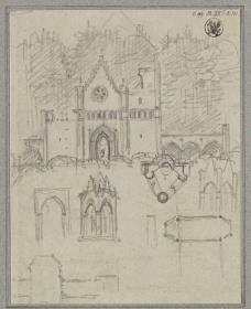 Kirchenruine und ein Monument