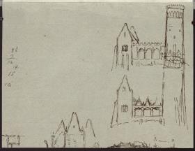 Studien zu einem Giebelbau mit verbindender Arkade und Turm