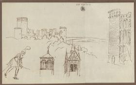 Burgruine über einer (englischen?) Ebene & Ritter & Zwei Glockenstuben von Kirchtürmen & Ruine eines gotischen Rundturms
