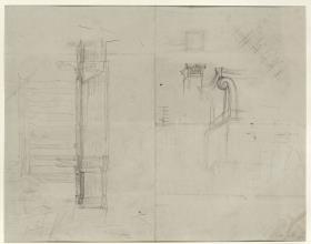 Säulenbau mit einer vorgelagerten Freitreppe & Studien zu einer Colonna quadrata oder einem Eckpilaster