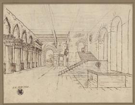 Innere Ansicht einer Halle mit Säulenreihe und Treppe