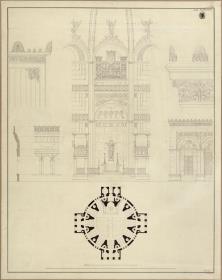Berlin, Oranienburger Vorstadt. Entwurf zu einer Kirche (Vorstadtkirche Typ 4, "Kirche im Kreisrund"). Grundriss, Aufriss der Altarwand und Details