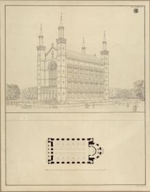 Berlin, Oranienburger Vorstadt. Entwurf zu einer Kirche (Vorstadtkirche Typ 3, "Kirche mit vier Türmen". Perspektivische Ansicht und Grundriss
