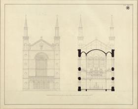 Berlin, Oranienburger Vorstadt. Entwurf zu einer Kirche (Vorstadtkirche Typ 3, "Kirche mit vier Türmen"). Fassadebaufriss und Querschnitt