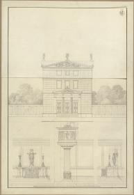 Entwurf  zu einer kleinen Kirche über quadratischem Grundriss, zum Altar und zur Kanzel. Vorzeichnung zum Stich in der "Sammlung architektonischer Entwürfe", Heft 11, Tafel 68, 1826