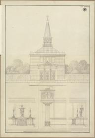 Entwurf  zu einer kleinen Kirche über quadratischem Grundriss mit Dachreiterturm, zum Altar und zur Kanzel. Vorzeichnung (nicht ausgeführt) zum Stich in der "Sammlung architektonischer Entwürfe", Heft 11, Tafel 68, 1826
