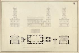 Petzow bei Potsdam. Entwurf zum Neubau der Dorfkirche / Entwurf zu einer Kirche mit getrenntem Turm. Ansichten, Risse und Schnitte