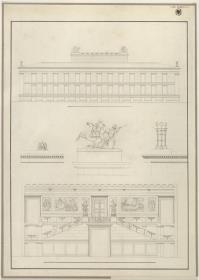 Berlin. Altes Museum am Lustgarten. Aufriss der Rückfassade, der Haupttreppe und  Details zum Skulpturenschmuck des Daches