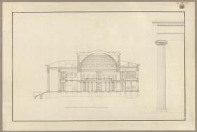 Berlin. Altes Museum am Lustgarten. Querschnitt des Gebäudes, Aufriss einer Säule und des Gebälks der Vorhalle