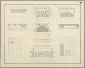 Berlin. Altes Museum am Lustgarten. Kapitelle und Kassettendecke der Vorhalle und Geländer der Rotunde