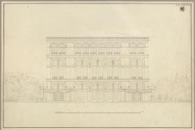 Hamburg. Theater. Vorderansicht. Vorzeichnung zum Stich in der "Sammlung architektonischer Entwürfe", Heft 12, Tafel 74, 1828