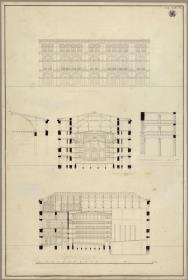 Hamburg. Theater. Quer- und Längsschnitte, Seitenansicht. Vorzeichnung zum Stich in der "Sammlung architektonischer Entwürfe", Heft 12, Tafel 76, 1828