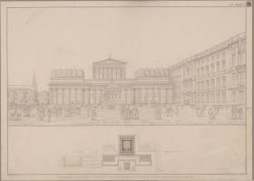 Berlin, Lustgarten. Entwurf für ein Friedrichsdenkmal als Ehrenhalle mit Quadriga anstelle der alten Hofapotheke