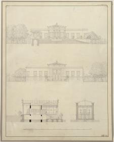 Potsdam-Sanssouci. Schloss Charlottenhof. Zwei Ansichten und zwei Schnitte