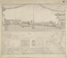 Potsdam-Sanssouci. Schloss Charlottenhof. Ansicht von der Exedra und Grundriss