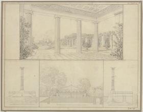 Potsdam-Sanssouci. Schloss Charlottenhof. Ansicht von der Exedra auf Schloss und Park