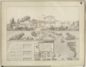 Potsdam-Sanssouci. Römische Bäder bei Schloss Charlottenhof. Ansicht von Westen und Grundriss des Gärtnerhauses