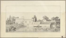 Potsdam-Sanssouci. Römische Bäder bei Schloss Charlottenhof, Gärtnerhaus von der Wasserseite