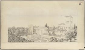 Potsdam-Sanssouci. Römische Bäder bei Schloss Charlottenhof, Gärtnerhaus vom Dach des Bades aus gesehen