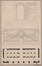 Berlin. Altes Museum am Lustgarten. Querschnitt, Aufriss und Grundriss des Vestibüls und der Haupttreppe