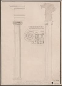 Berlin. Altes Museum am Lustgarten. Ionische Säule und Detail eines Kapitells der Vorhalle