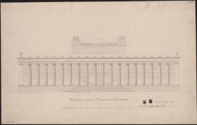 Berlin. Altes Museum am Lustgarten. Aufriss der Hauptfassade mit dem Wandgemälde in der Vorhalle