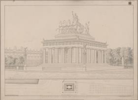 Berlin, Lustgarten. Entwurf für ein Friedrichsdenkmal, des Großen. Ansicht und Lageplan mit Grundriss