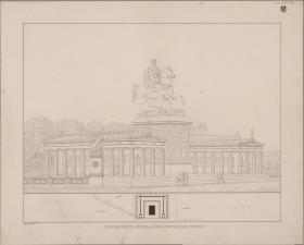 Berlin. Entwurf für ein Friedrichsdenkmal im Lustgarten. Ansicht und Lageplan mit Grundriss