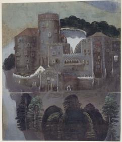 Romanische Burg auf einer Landzunge, links Wasser, im Vorder- und Hintergrunde Wald