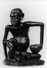 sitzende Figur mit Schale und Kind, Holz