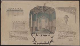 Berlin. Schloss. Entwurf zur Einrichtung der Räume im "Haus der Herzogin" für die Kupferstichsammlung Kronprinz Friedrich Wilhelms IV. Perspektive, Grundriss und Details der Dekorationen, mit Erläuterungen