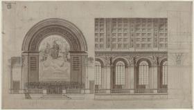 Berlin, Unter den Linden. Entwurf zu einem Saal für die Singakademie im rückwärtigen Flügel der Akademie der Künste. Querschnitt und Längsschnitt